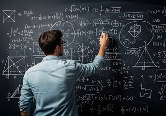 Male student wearing glasses writing complex mathematical formulas and diagrams on a chalkboard
