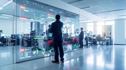 A modern office setting with transparent data displays and workers. A man walks past, holding a tablet. Other workers are visible - Powered by Adobe