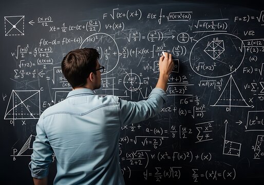 Male student wearing glasses writing complex mathematical formulas and diagrams on a chalkboard