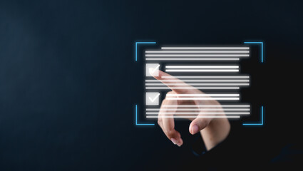 A hand interacts with a digital interface, selecting options from a checklist against a dark background.