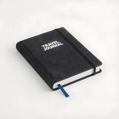 Closed black travel journal with blue ribbon bookmark on gray background