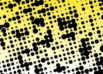 The image is an abstract, high-contrast graphic composed of black circular dots against a gradient background that shifts from a bright, almost white yellow at the top to a pure white at the bottom.