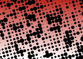 The image features an abstract pattern of numerous black dots and circles of varying sizes, superimposed on a gradient background. The background transitions from a reddish-brown
