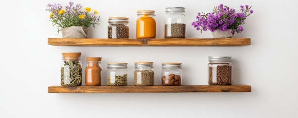 Jars of Spices and Flowers on Rustic Wood Shelves, pantry, cooking
