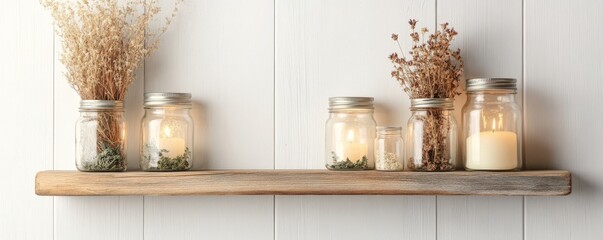 Jars with Candles and Dried Flowers on Wood Shelf Against White Wall, home decor , candles