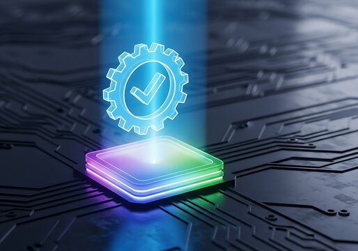 Digital gear with checkmark symbol glowing above a multi colored illuminated chip on a circuit board