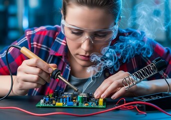 Woman wearing safety glasses soldering a complex circuit board with visible smoke from the soldering iron