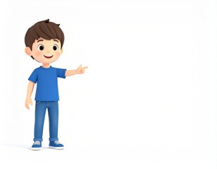 Friendly cartoon boy with brown hair wea a blue t-shirt and jeans smiling and gestu happily, suitable for children educational or entertainment themes