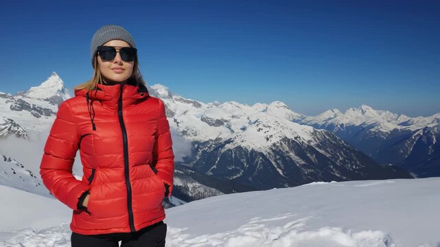Woman in red jacket enjoying snowy mountain landscape in winter