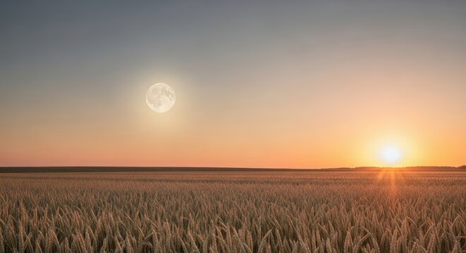 Golden wheat field at sunset with full moon