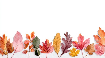 A colorful array of autumn leaves arranged horizontally against a white background, showcasing vibrant hues of red, orange, yellow, and green.