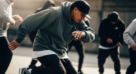A group of break dancers dancing in an urban setting, full of energy and rhythm. They are moving in sync, with a focused expression