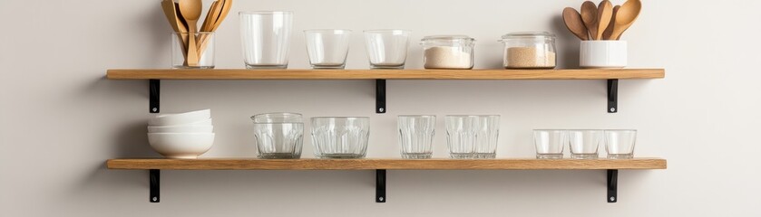 Organized Kitchen Shelves with Bowls, Glassware and Spoons, Home decor , Interior