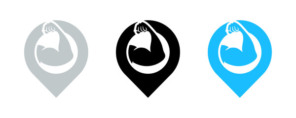 Muscular Arms with pin location icon set illustration vector.