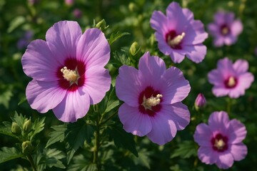 Obraz premium Vibrant purple hibiscus blooms outdoors.