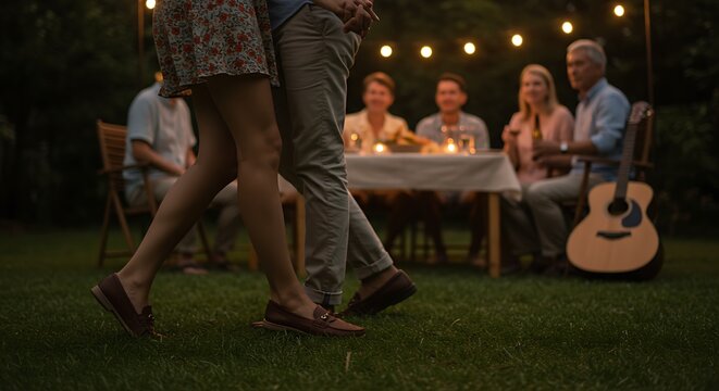 Couple dancing at a warm summer evening garden party.