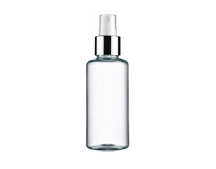 Clear spray bottle with silver accents for cosmetic or medical use on transparent background