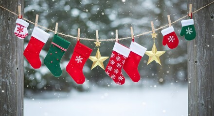 Christmas stockings and mittens hanging on a line with clothespins in a snowy outdoor setting