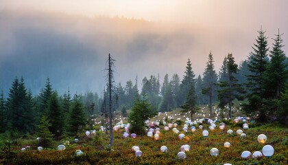 a captivating landscape unfolds with luminous orbs scattered across a vibrant forest floor enclosed by towering trees and overcast skies the surreal ambiance evokes a sense of wonder