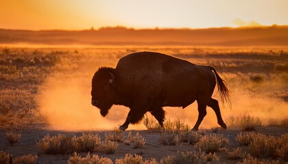 a bison walks steadily across a dusty plain during a golden sunset warm light highlights its thick fur and horns as dust rises with its movement