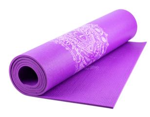 Rolled purple yoga mat with mandala design for fitness, exercise, meditation on transparent background