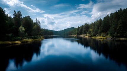 Obraz premium Serene lake reflecting the surrounding forest landscape