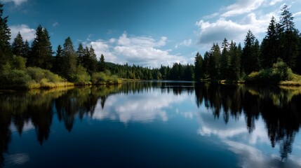 Obraz premium Clear blue lake reflecting the surrounding forest
