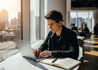 A focused person working diligently on a laptop near a large window, surrounded by sunlight and an urban setting.