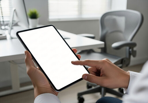 Person using tablet with blank screen in modern office.