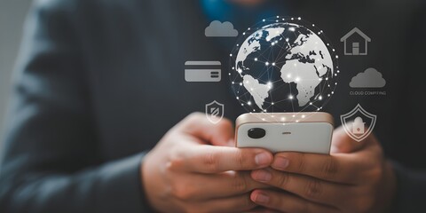 Connected World: A close-up shot features a person's hands holding a smartphone, with a digital globe overlay and icons suggesting global connection and technological integration.