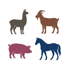 Farm Animals Icon Set, Simple Livestock Silhouette Icons of Llama, Goat, Pig, Horse.