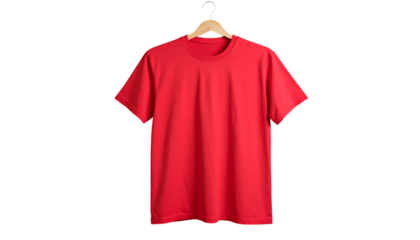 Red T-shirt on a Wooden Hanger, Apparel and Fashion Concept on transparent background