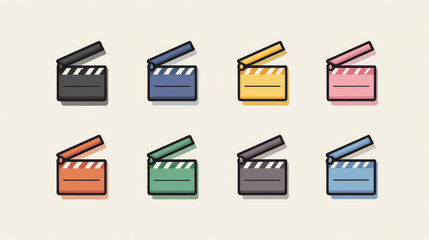 Clapper board vector icon set. Opened and closed movie clapper film clap board. Movie, cinema, film symbol concept. Director clapboard. Filmmaking, video production industry equipment.