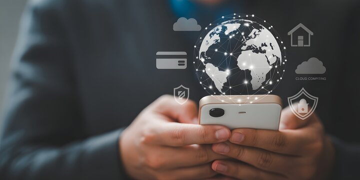 Connected World: A close-up shot features a person's hands holding a smartphone, with a digital globe overlay and icons suggesting global connection and technological integration.