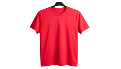 Red cotton t-shirt hanging on a black plastic hanger, apparel on transparent background