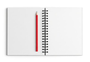 Flat lay of an open white notebook with a red pencil on the left page blank