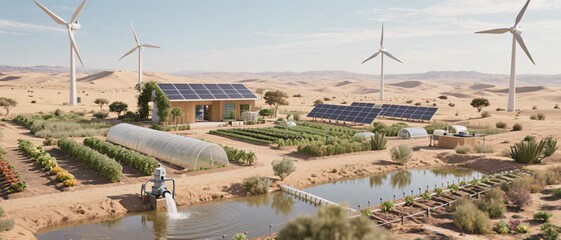 Sustainable farming, renewable energy systems, desert oasis, stock image, arid environment, aerial wide view, eco-innovation and resilience concept for SEO - Powered by Adobe