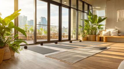 A serene and minimalist yoga studio with large windows overlooking a modern city skyline. Yoga mats are laid out on a wooden floor, surrounded by lush green plants, ready for a peaceful class