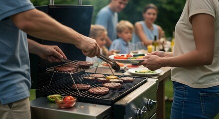 Family cooking together at a backyard barbecue.