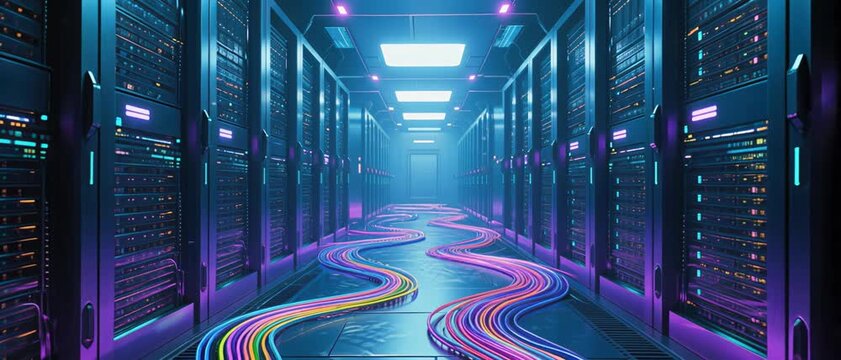 Data Flow Optimization, Fiber Optic Cables, Data Center, Stock Image, Futuristic Server Hall, Low-Angle Perspective, High-Speed Connectivity Concept
