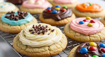 A colorful assortment of iced cookies showcases delightful confectionery creations on a wire rack