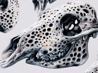 Abstract animal skull with intricate perforated patterns and smooth organic textures, rendered in a modern artistic style with a monochrome and metallic look