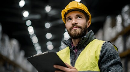 Warehouse worker checking cargo inventory list in well lit facility