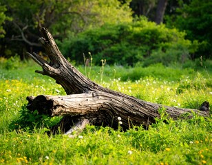 Fallen log in a grassy field