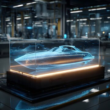 Boat hologram floats at factory; machinery in bgd. Concept futuristic design