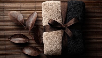 Naklejka premium A folded towel, tied with a brown ribbon, rests on a bamboo mat, accented by dried leaves