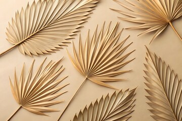 Elegant arrangement of dried golden palm leaves on a neutral background