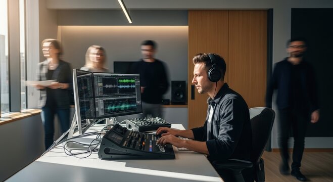 A professional audio engineer working in a modern recording studio, surrounded by his colleagues
