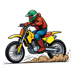 Stylized Motocross Rider Performing a Wheelie Illustration of a Dirt Bike Rider in Action with Dust and Debris Trails