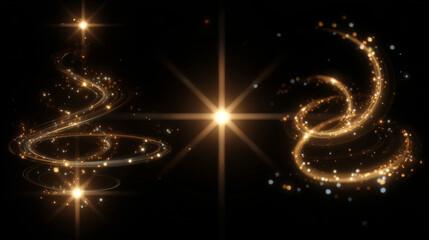 Collection of highlights, stars and rays of light with luminous swirling and spiraling particles on a transparent background. Light effect, star, flare, sparkle set.